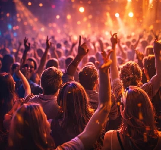 Female wedding DJ mixing music for a reception with guests dancing and celebrating