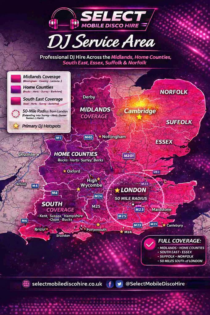 Select Mobile Disco Hire DJ Area Coverage Map