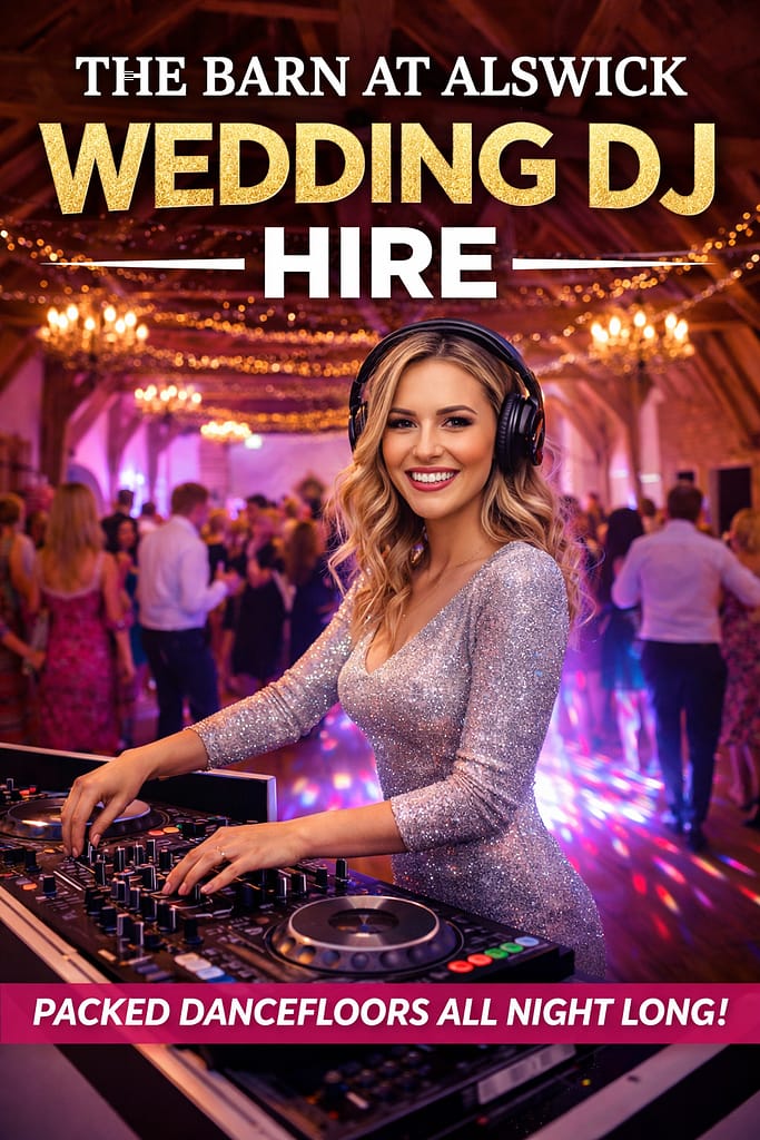 Wedding DJ performing at The Barn at Alswick with guests dancing and vibrant lighting
