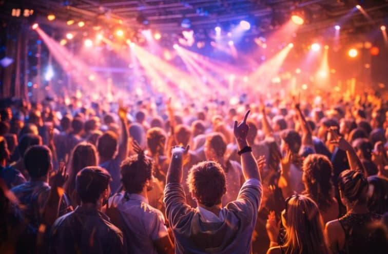 Female DJ performing on stage while crowd dances and enjoys music at a vibrant event