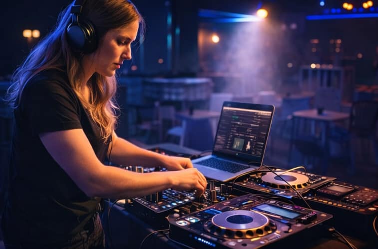 Female DJ setting up professional DJ equipment and mixer before a party in a nightclub