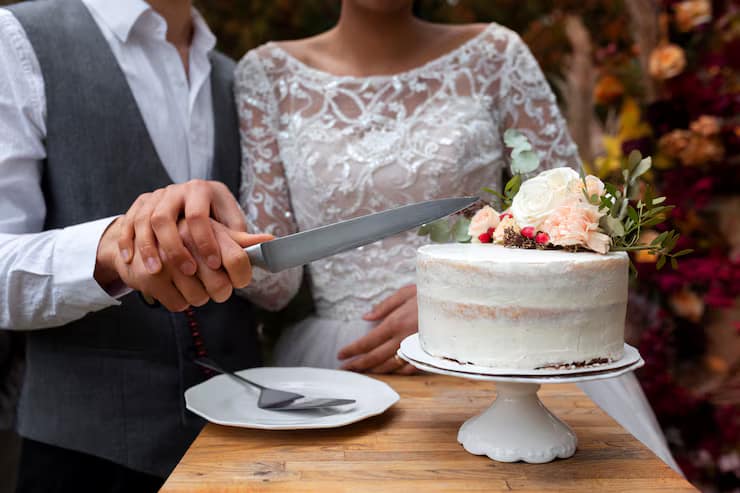 Wedding cake cutting moment during evening reception