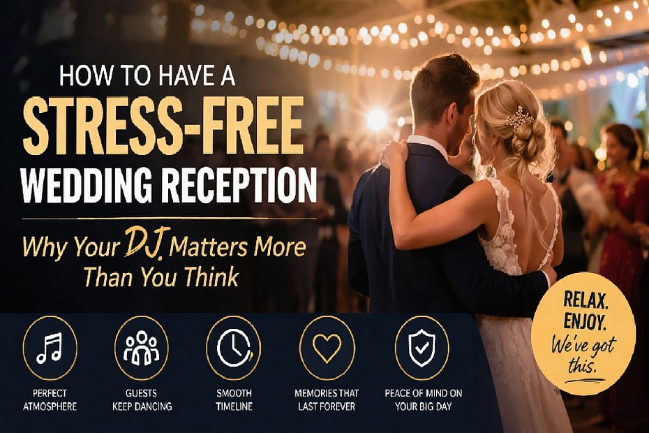 Bride and groom enjoying a relaxed wedding reception with warm lighting and guests dancing in the background