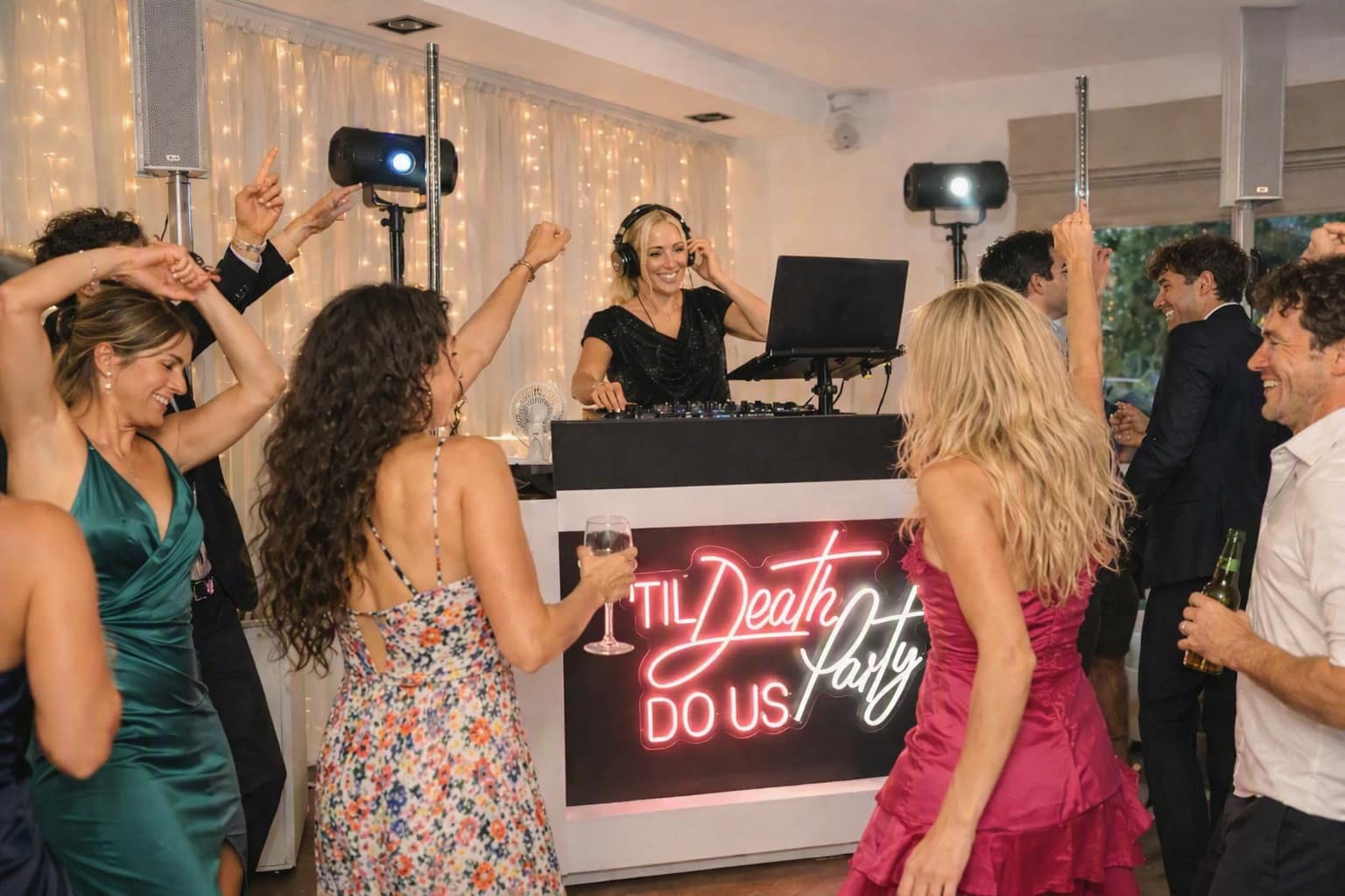 Wedding DJ Hire with guests dancing around the booth