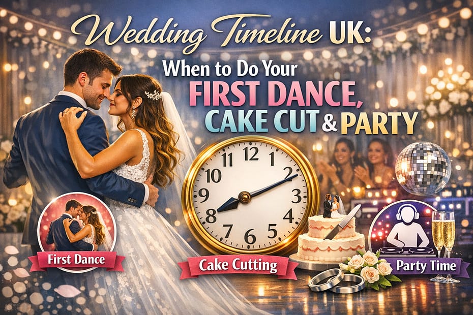 Bride and groom first dance at UK wedding reception with guests and lights