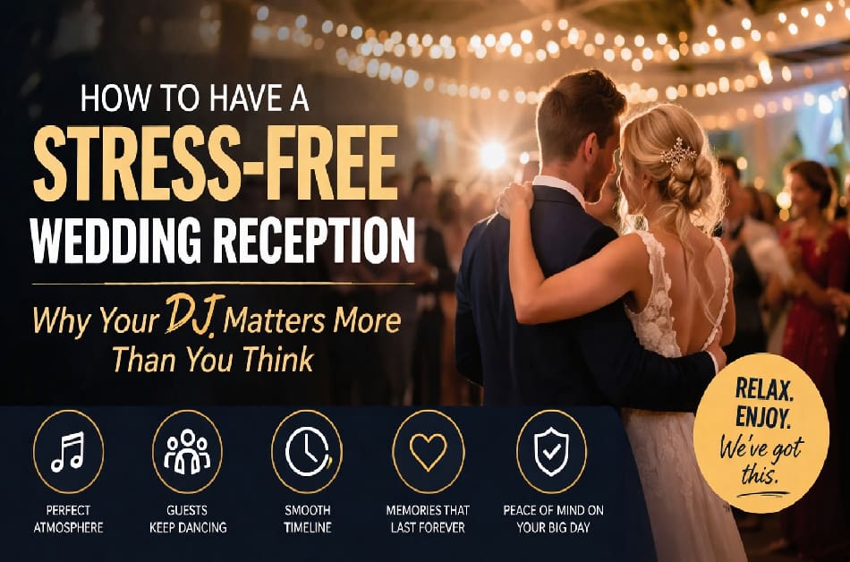Bride and groom enjoying a relaxed wedding reception with warm lighting and guests dancing in the background