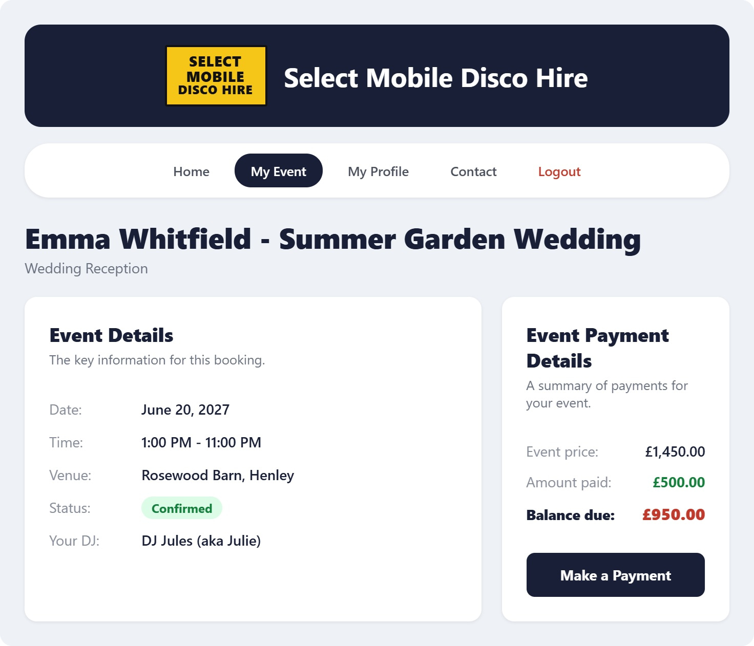 Select Mobile Disco Hire client portal My Event page showing event details and payment summary